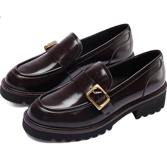 Le Saunda [Jazz Chapter] Fashion British Solid Color Deep Round Toe Loafers Women's Shoes Single Shoes 45403, Dark Brown DBL, Size 36