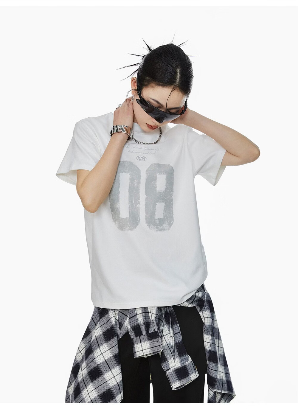 ICH MODE Women's American Slim Fit Shoulder T-Shirt 2026 Summer New Printed Short Sleeve Sports Top White L 6