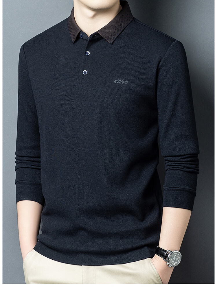 Edenbo Long Sleeve Fleece-Lined Polo Shirt Men Autumn Winter Warm Commuter Top Dark Blue 175/92A (XL) 14