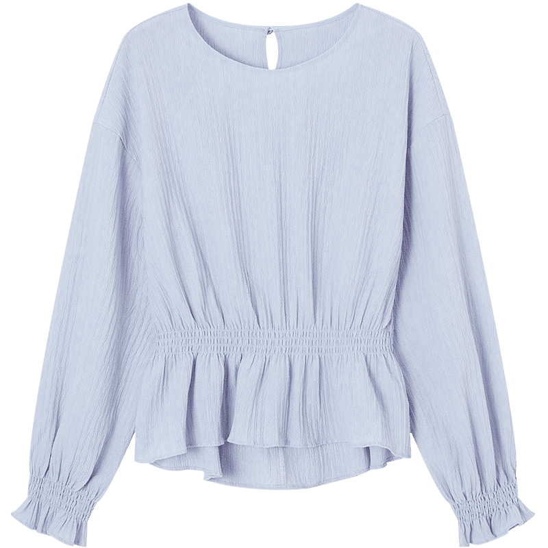 Demana Gentle Narrative Spring French Ruffle Hem Elastic Waist Shirt Round Neck Petite Blouse Women's Top