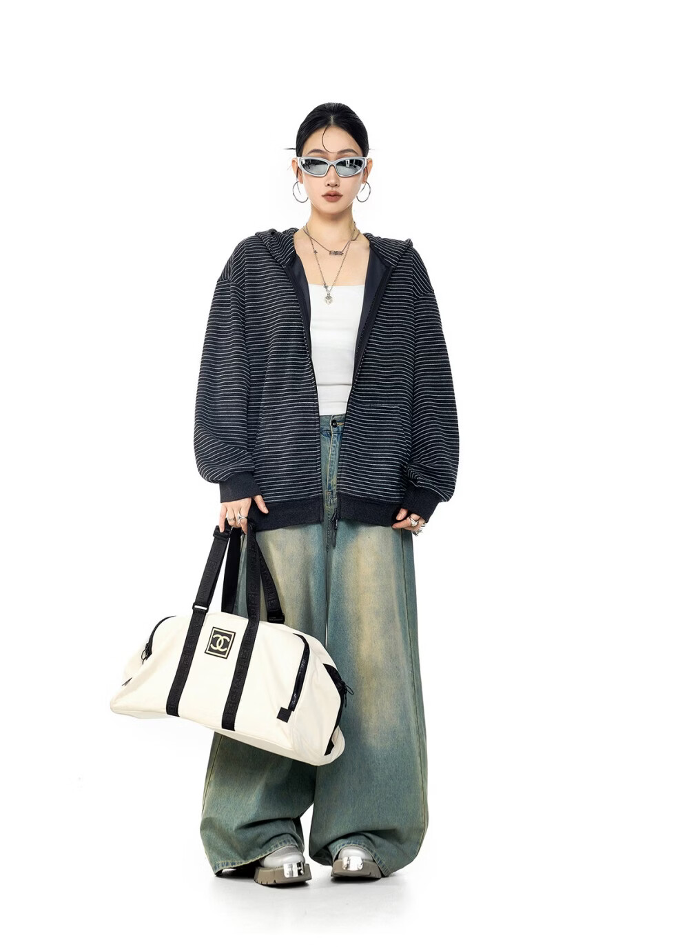 ICH MODE Celebrity Style Striped Hoodie Cardigan Sweatshirt for Women Spring Autumn New Sports Jacket Black M 36