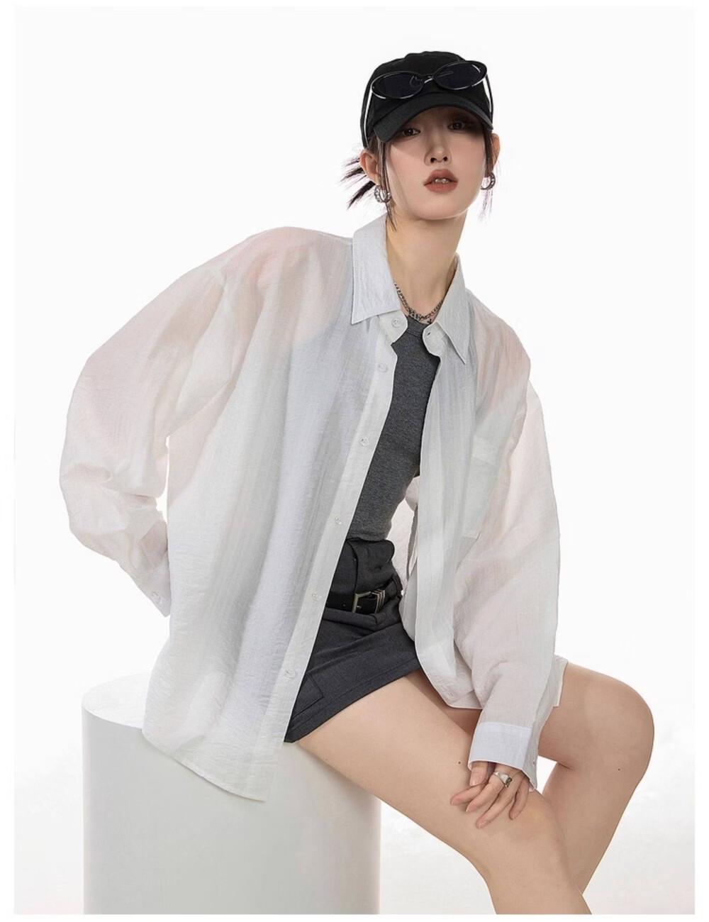 ICH MODE American Style White Shirt Women Summer Loose Physical Sun Protection Shirt Jacket Long Sleeve Top Blue XL 20