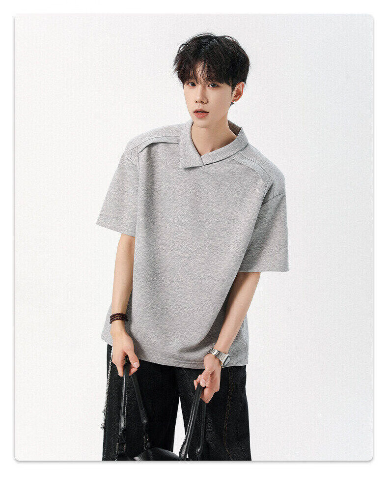 Foss Phil Premium Deconstructed Collar T-Shirt Men Summer Irregular Design Polo Shirt Short Sleeve DT54401 Light Gray XL 6
