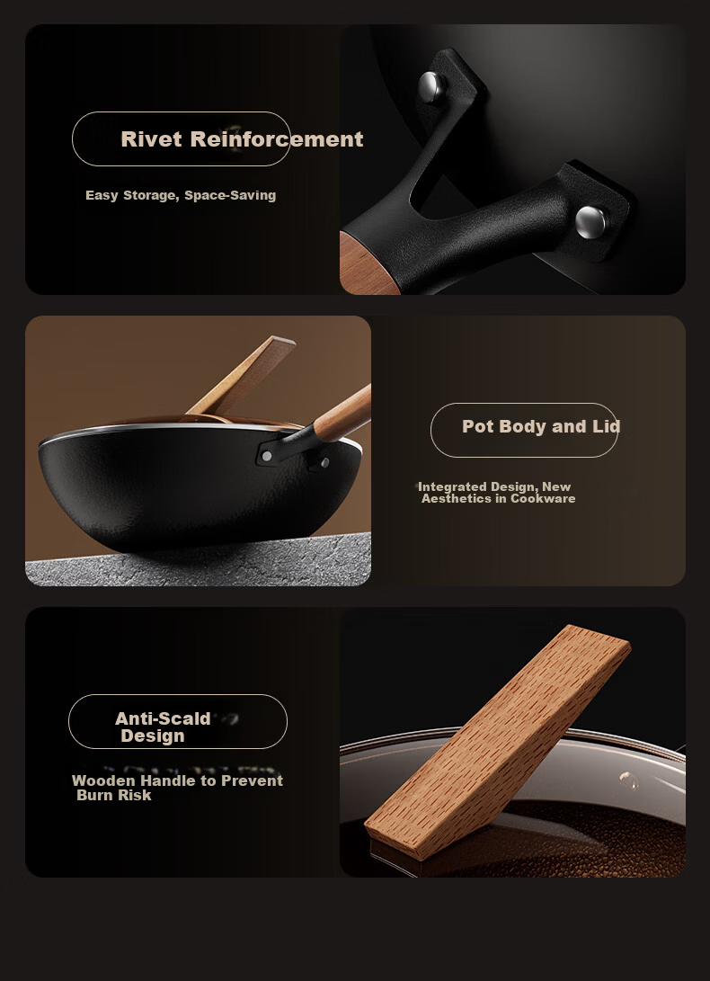 AOTEYOU Large Belly Iron Wok Uncoated Seasoned Household Stir-Fry Pan Traditional Cast Iron Non-Stick Wok for Induction and Gas Stoves 23