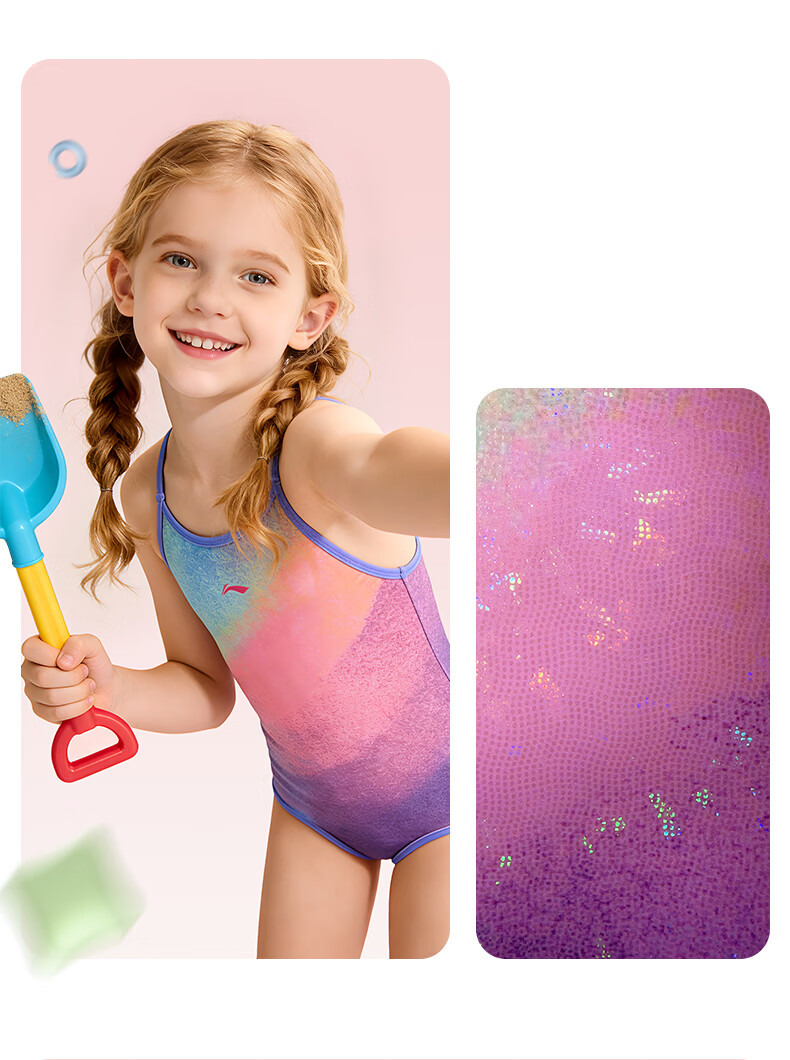 LI-NING Youth Girls Comfortable Sports One-Piece Triangle Professional Training Swimsuit 0421 Colorful 140 18