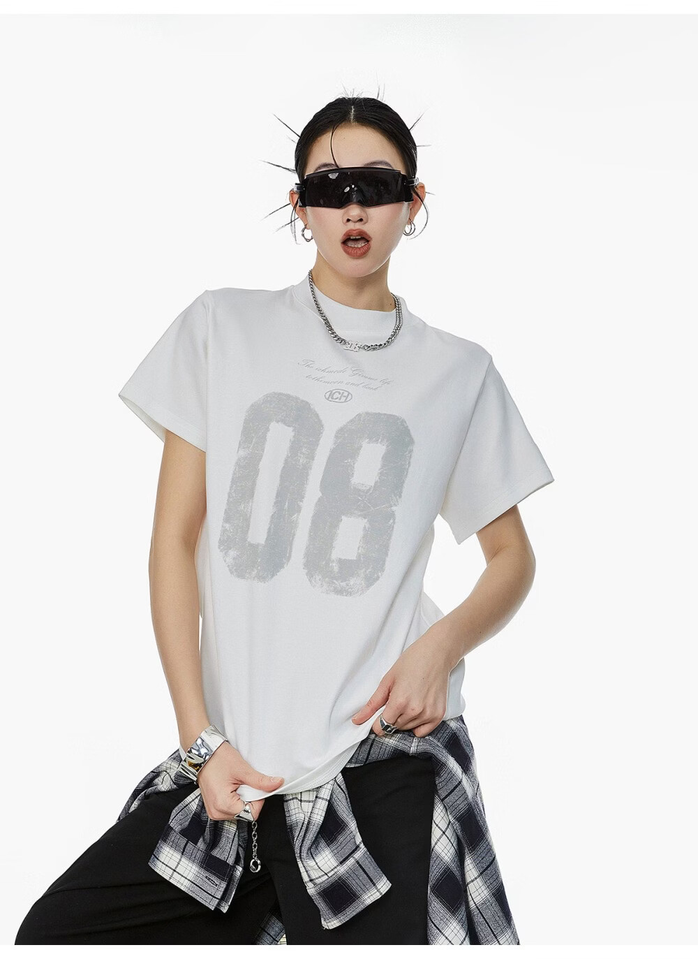 ICH MODE Women's American Slim Fit Shoulder T-Shirt 2026 Summer New Printed Short Sleeve Sports Top White L 1