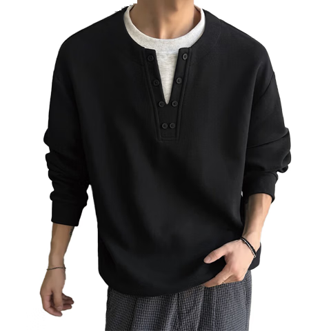 IZEXX Faux Two-Piece Henley Crewneck Sweatshirt for Men, Autumn Season, Simple Versatile Loose Base Layer Top JW19 Black 2XL