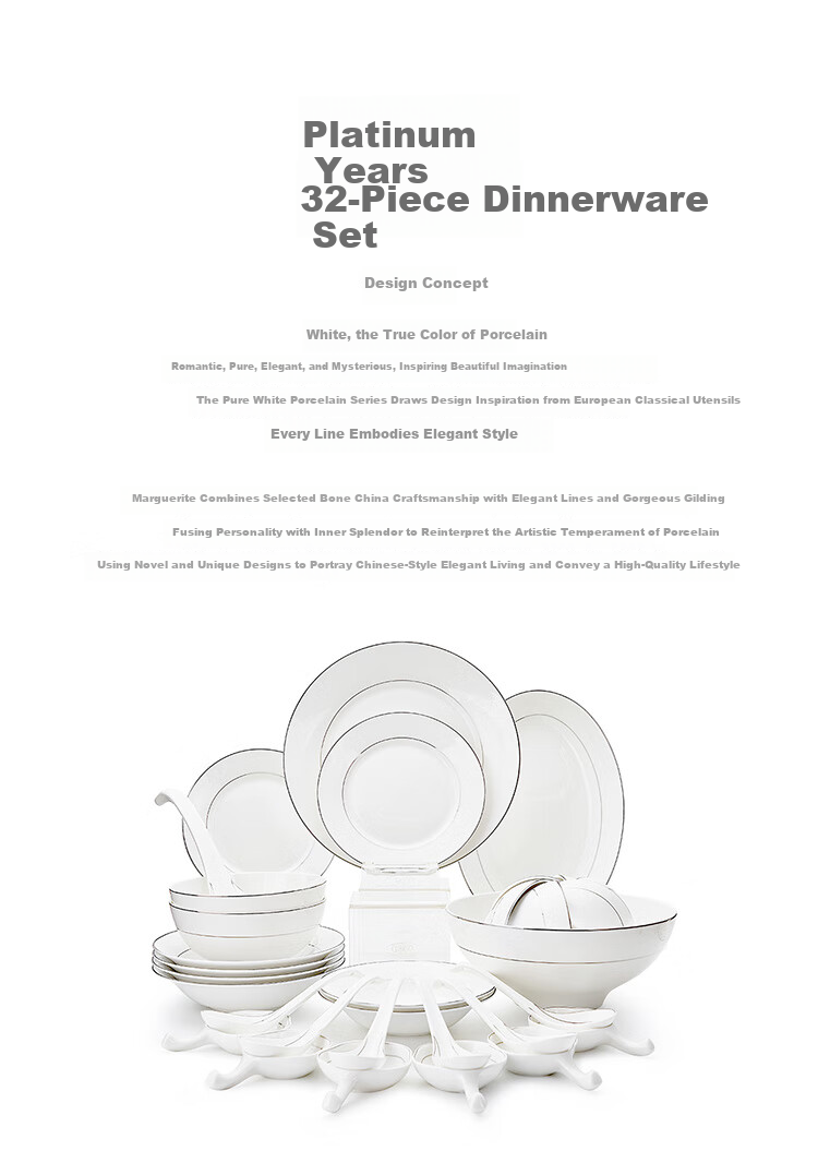 Magoront Bone China Tableware Set Luxury Home Gift Box Platinum Age 32-Piece for 6 People 3