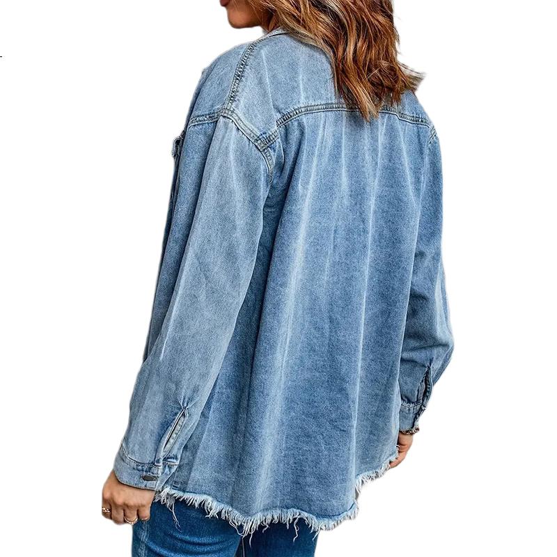 Pierre Cardin Women's Shirt, Summer Versatile Loose Street Style, Distressed Hem, Denim Blouse Top, Dark Blue, Size L