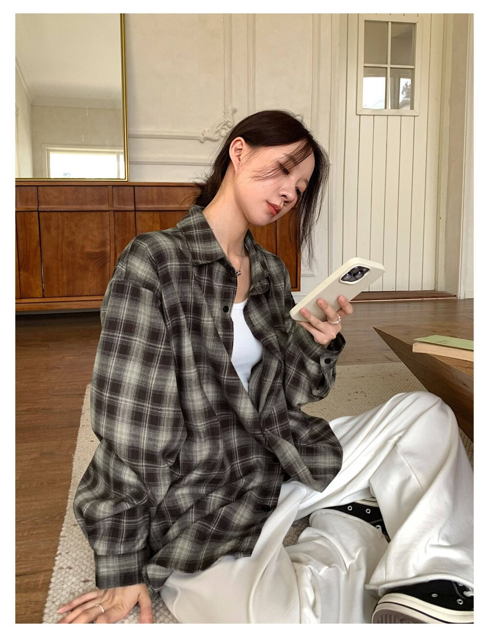 ICH MODE "Jeju Island Breeze" Brushed Plaid Shirt Jacket Women Vintage Check Long Sleeve Korean Style Shirt Blue L 9