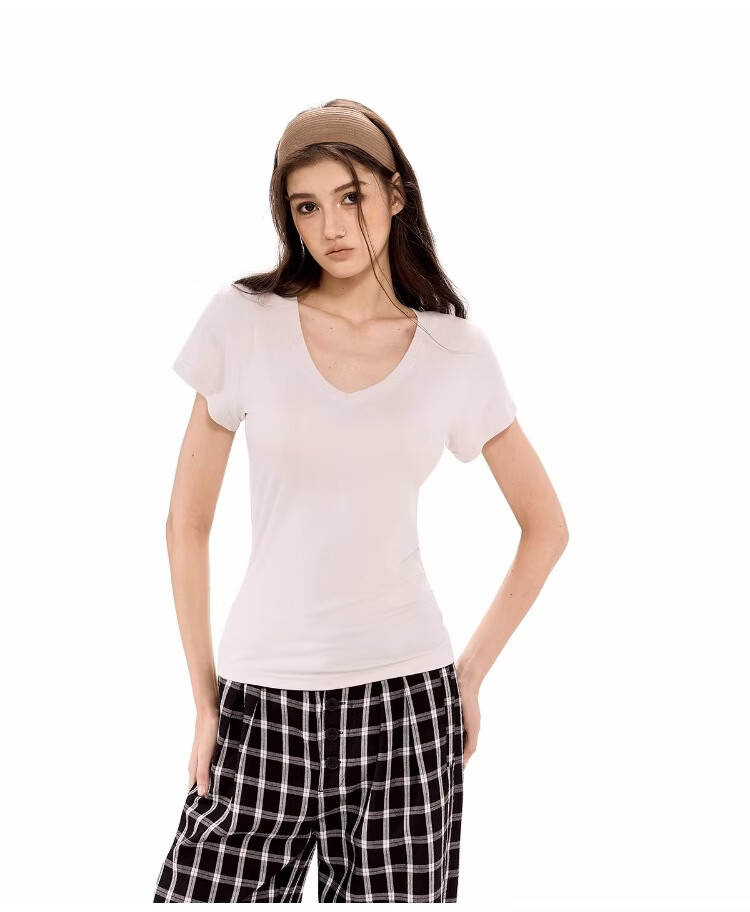 ICH MODE American Vintage Slim Fit V-Neck Cropped Short Sleeve T-Shirt Women Summer New Basic Shoulder Top Dark Purple S 17