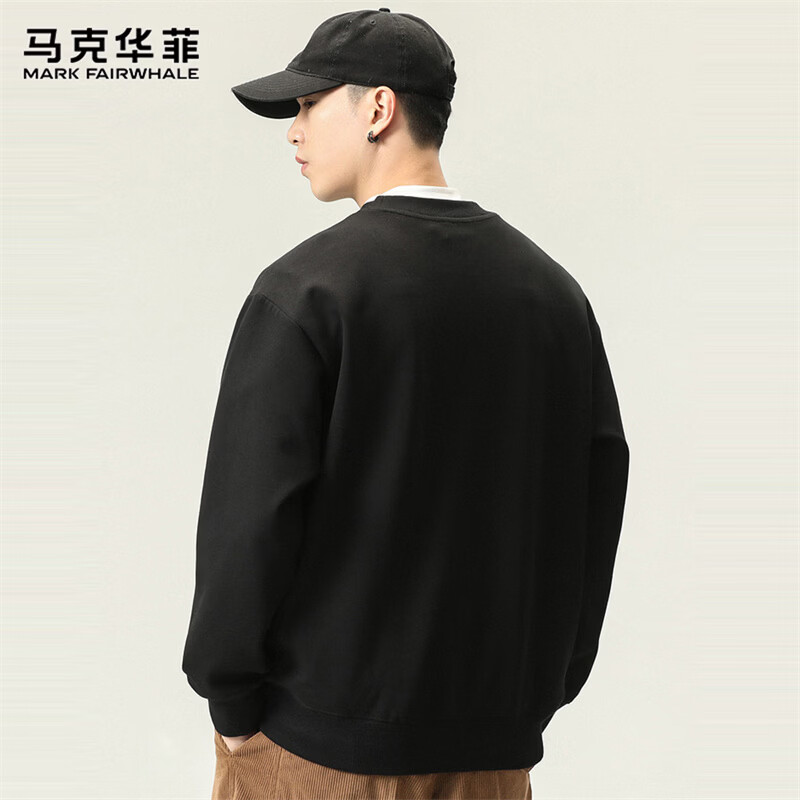 MARK FAIRWHALE Men's Sweatshirt Spring Autumn American Heavyweight Trendy Long Sleeve T-Shirt Casual Top Black XL