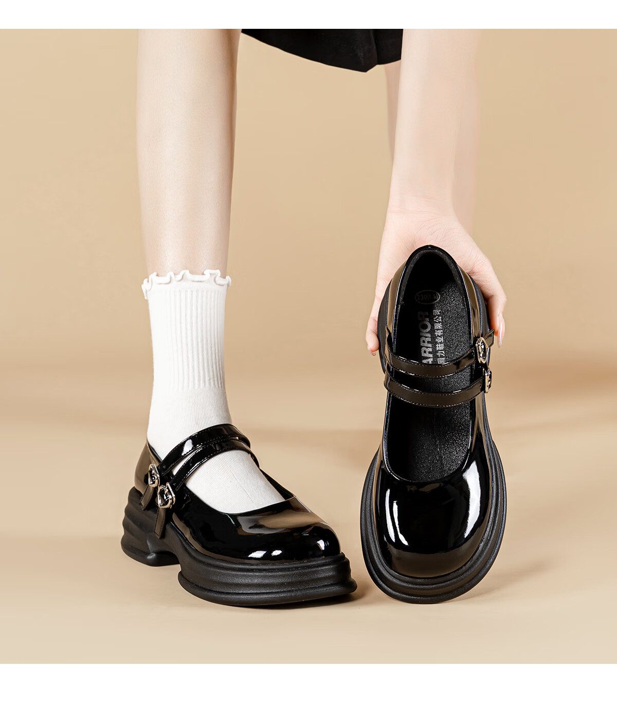 Warrior Mary Jane Women's Shoes New Spring Thick Sole French Style Loafers Versatile School Style Black JK Leather Shoes Black 39 13