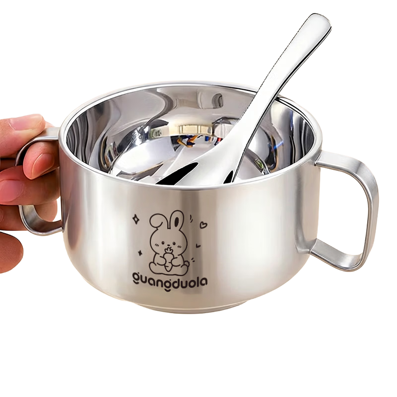 Guangduola Children's Bowl 316 Stainless Steel Bowl 3-6-12 Years Baby Infant Feeding Bowl Double Handle Rice Bowl Spoon Tableware Set