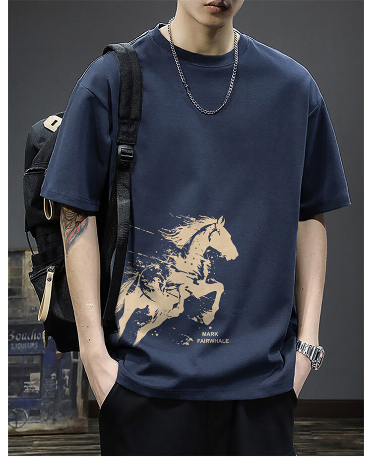 MARK FAIRWHALE Men's Heavyweight Short Sleeve T-Shirt Summer Year of the Horse Limited Edition New Year Cotton Trendy Navy Blue S 1