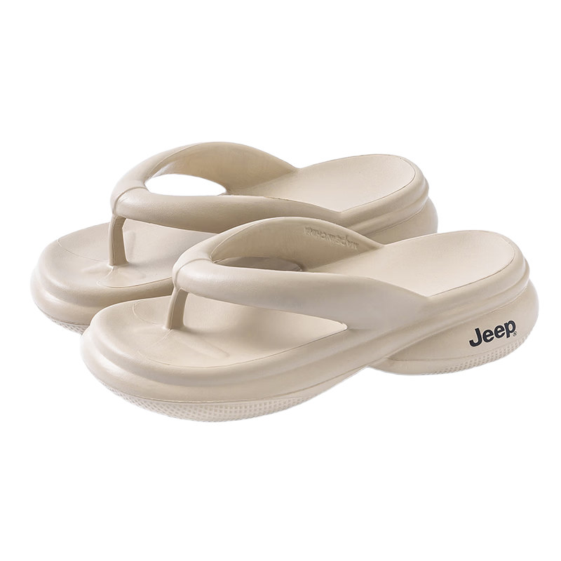JEEP Women's Casual Herringbone Flip Flops Outdoor Slip-Resistant Thick Sole Height Increase 6cm Khaki Size 37-38