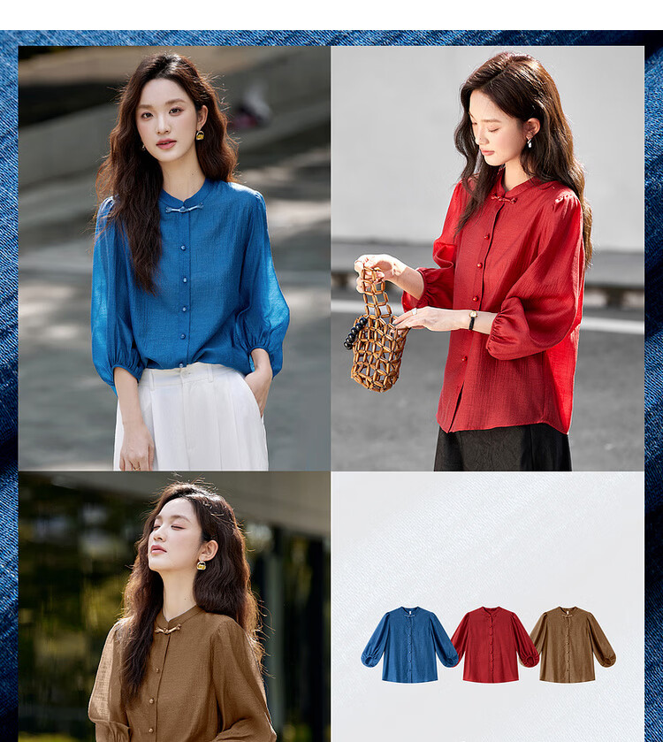 Vimly New Chinese Style National Wind Pleated Round Neck Shirt Women New Flowing Shoulder Jacket Top Peacock Blue XL 1