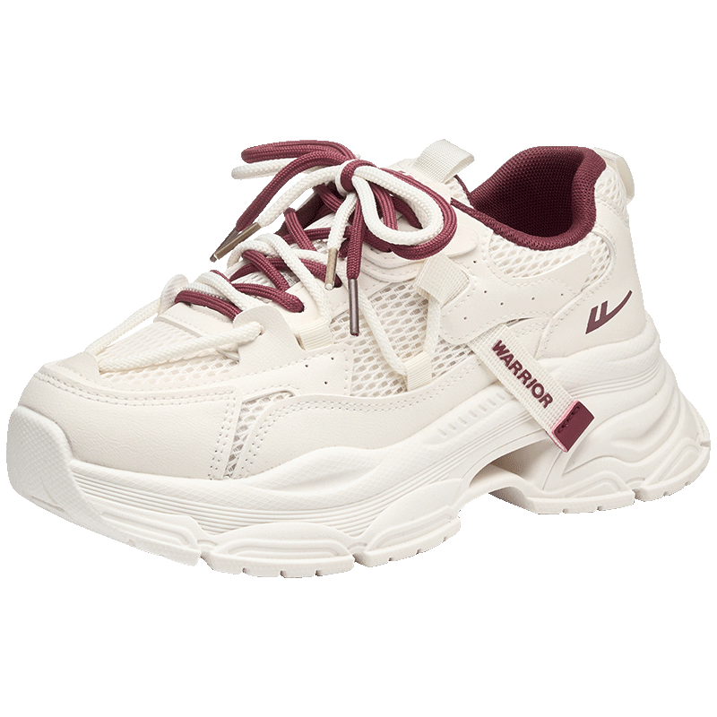 Warrior Official Women's Dad Sneakers 2026 Summer Mesh Shoes Thick Sole Height Increasing Sports Shoes Wine Red Size 39