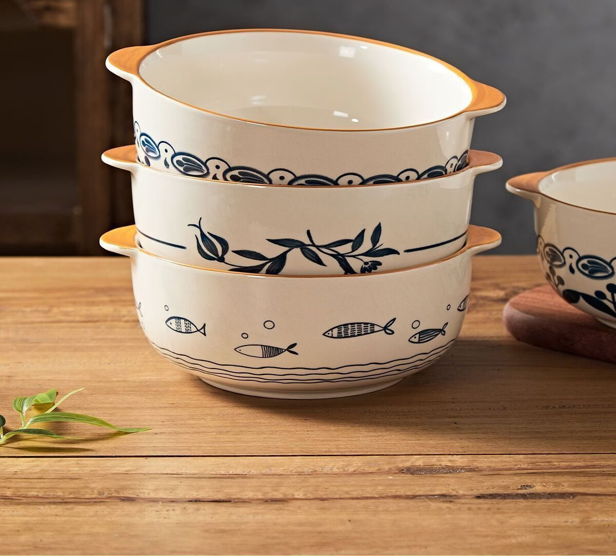 Chuanqi 7-Inch Double-Handle Lidded Ceramic Soup Bowl Large Capacity Household Soup Bowl Morning Glory Design 2
