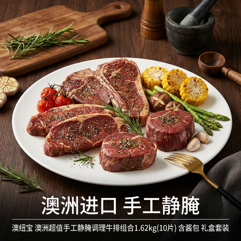 澳纽宝 澳洲超值手工静腌调理牛排组合1.62kg(10片)含酱包 礼盒套装