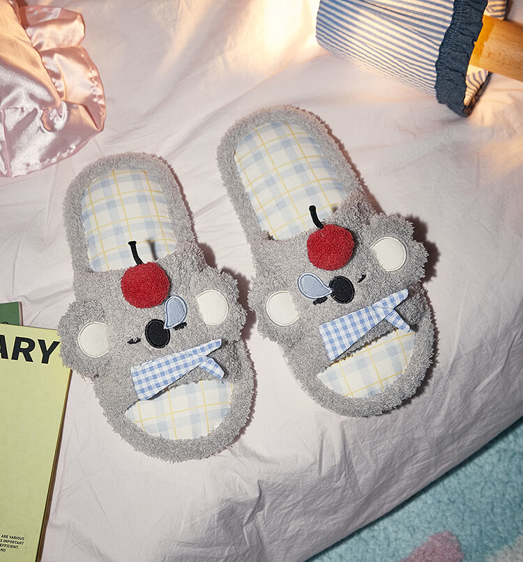 Gukoo Women's Four-Season Original Cute Koala Plaid Flat Home Slippers Vanilla Gray Size 38-39 9