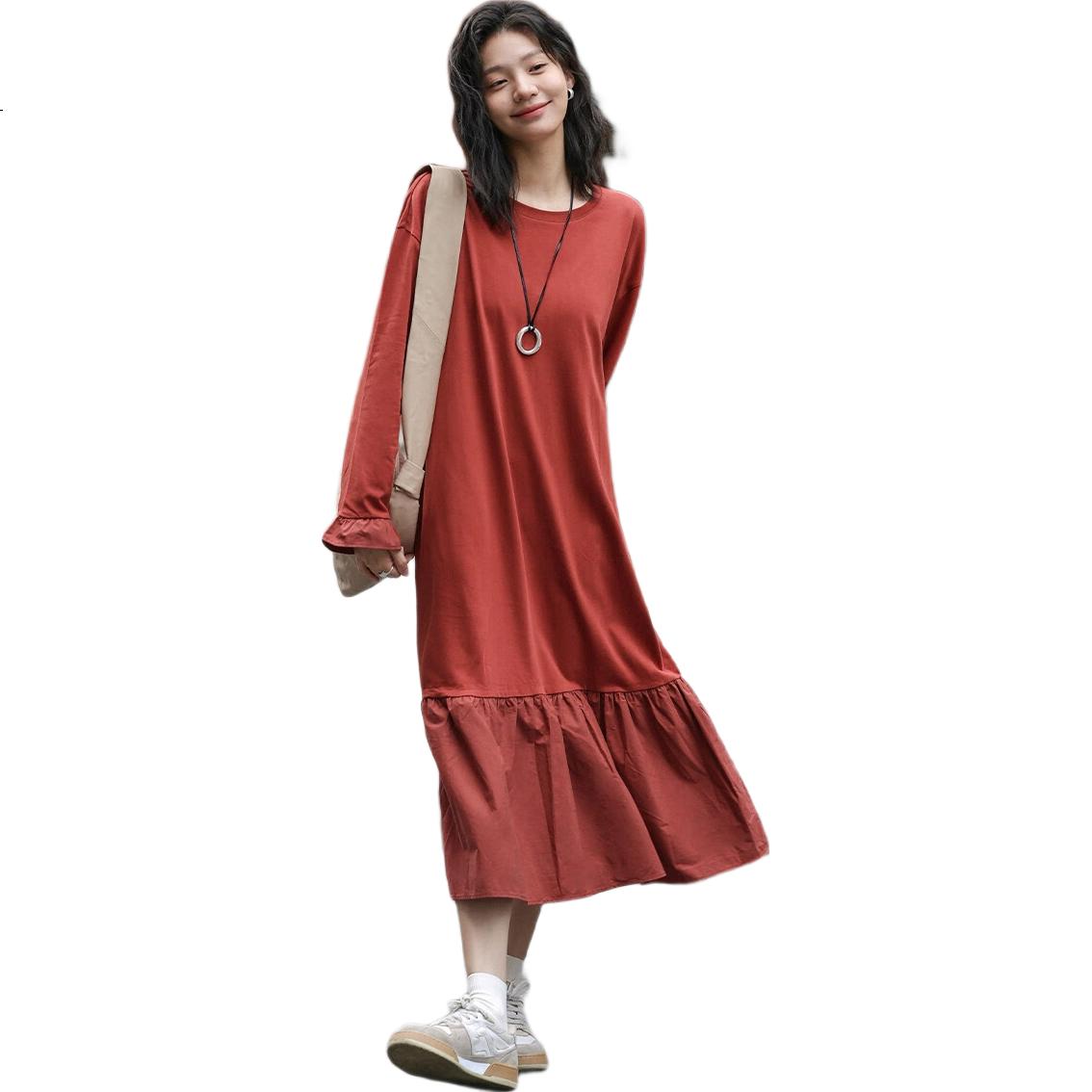 Платье Demana 2025 Spring Basic Versatile Patchwork Hem Crew Neck Pullover Long Sleeve Long Dress, размер S, кирпично-красный