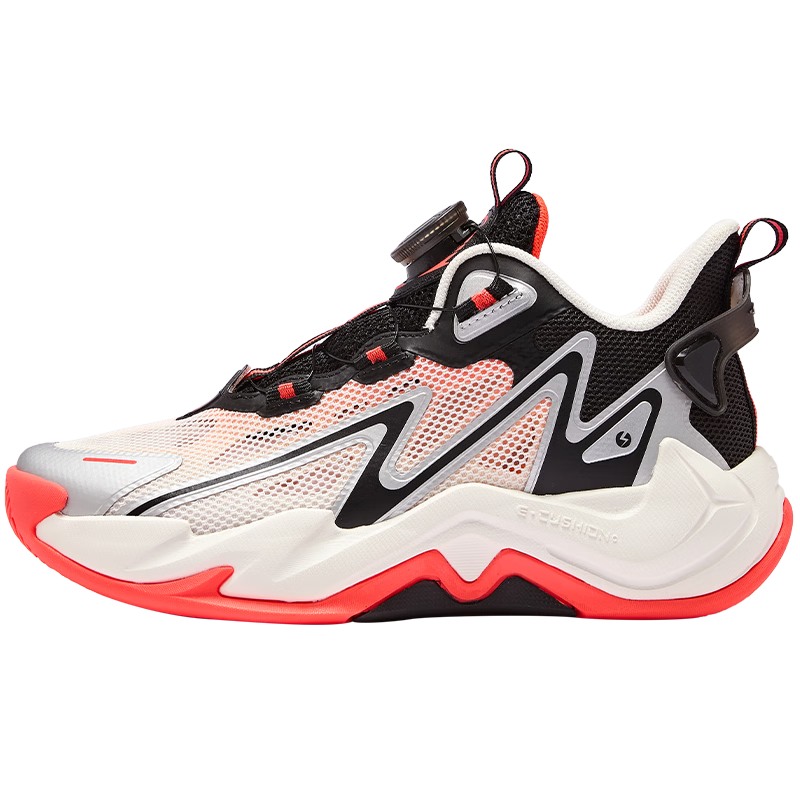ERKE Kids Boys Sneakers Children's Dial Buckle Mesh Breathable Durable Basketball Shoes Microcrystalline White/Black/Silver Size 38
