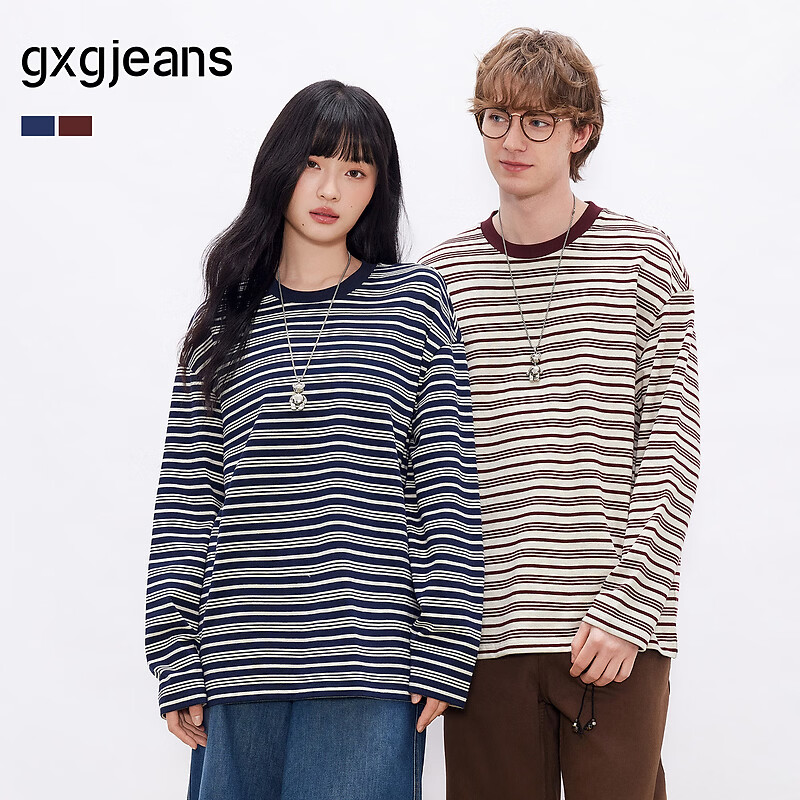Gxgjeans Men's Striped Loose Casual Crew Neck Long Sleeve T-Shirt 26 Spring New Navy White Stripes L (175)