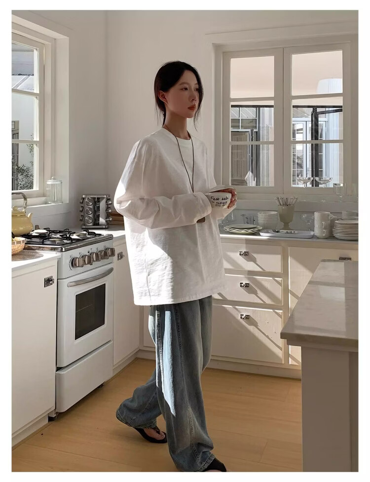 ICH MODE "Versatile King" Bamboo Cotton White Long Sleeve T-Shirt Women Loose Pullover Solid Color Base Shirt White XL 8