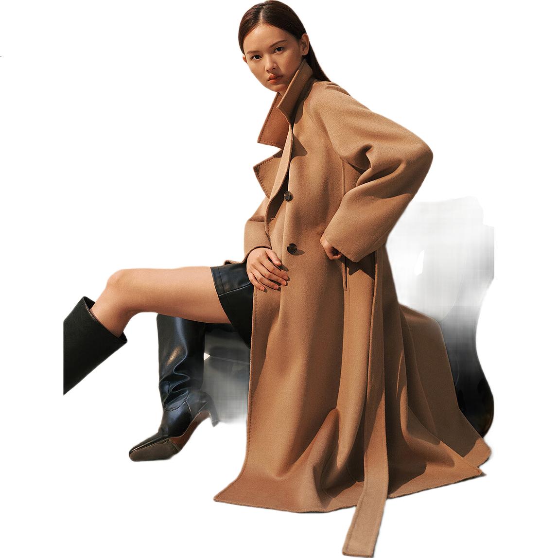 Peacebird Women's Wool Coat Master Selection Double-Sided Wool Hepburn Style Bathrobe Camel 1 M
