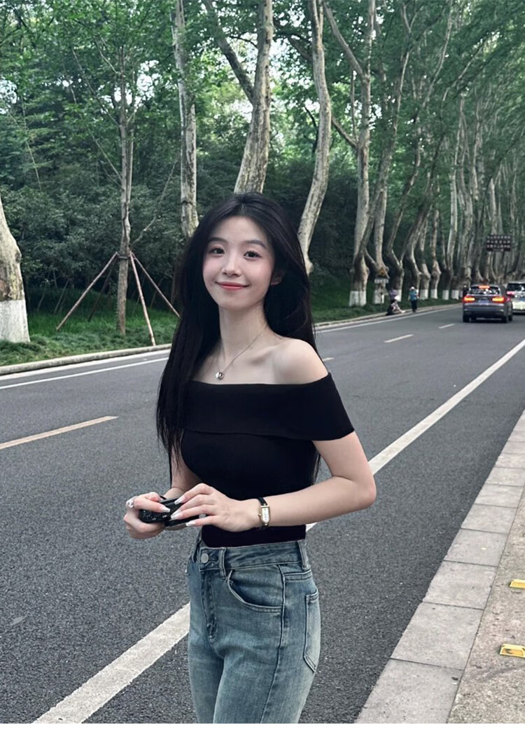 Shuangxing Women's Off-Shoulder Short Sleeve T-Shirt Summer New French Style Elegant Slim Fit Black L 2