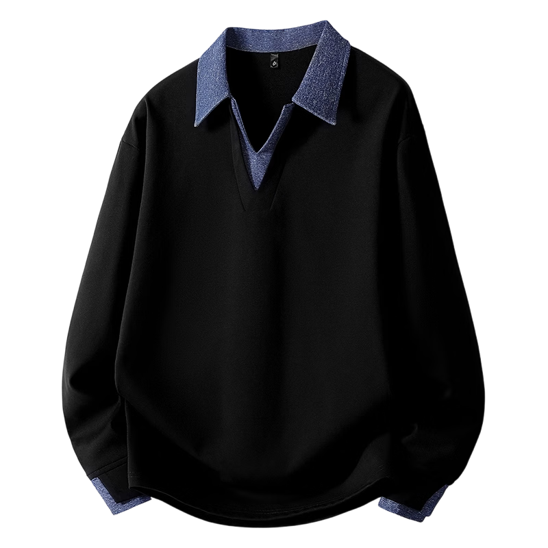 JEEP SPIRIT Men's American Style Turn-Down Collar Sweatshirt Spring Fake Two-Piece Color Block Long Sleeve Shirt Black L