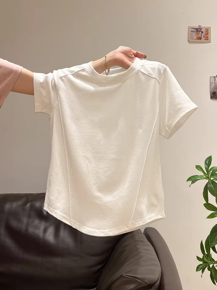 Shuangxing Women's Short Sleeve T-Shirt Summer Round Neck Irregular Hem Slim Fit Inner Wear White L 2
