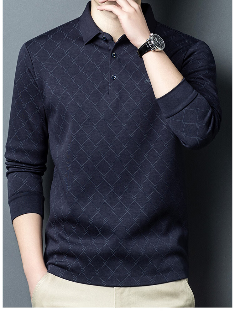 Edenbo Men's Long Sleeve Fleece-Lined Polo Shirt Autumn Winter Dense Fleece Mesh Top Dark Blue 175/92A (XL) 16