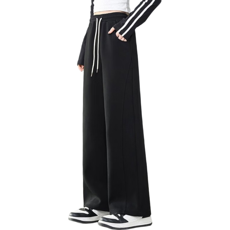 Jeanswest Women's Summer High-Waist Draped Drawstring Loose American-Style Sporty Curved Wide-Leg Pants Black M
