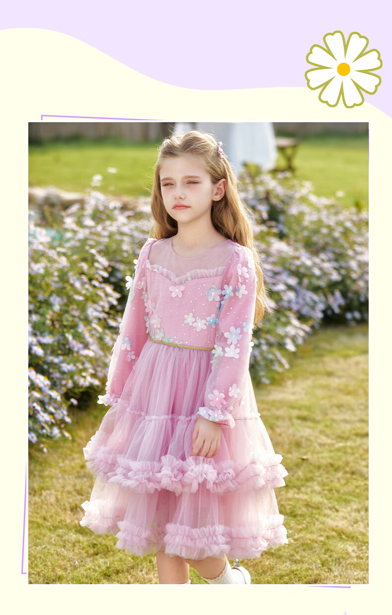 Fulomi Girls' Dress Spring New Sweet Stylish Mesh Dress Baby First Birthday Dress Lotus Pink 160 12