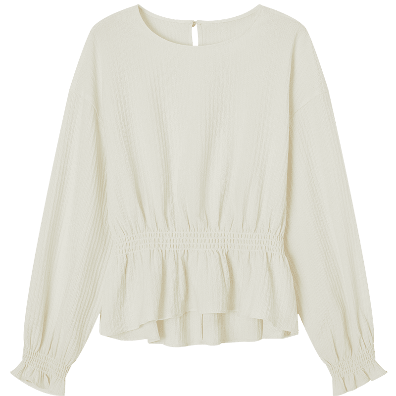 Demana Gentle Narrative Spring French Style Ruffle Hem Elastic Waist Shirt Round Neck Petite Blouse Women's Top