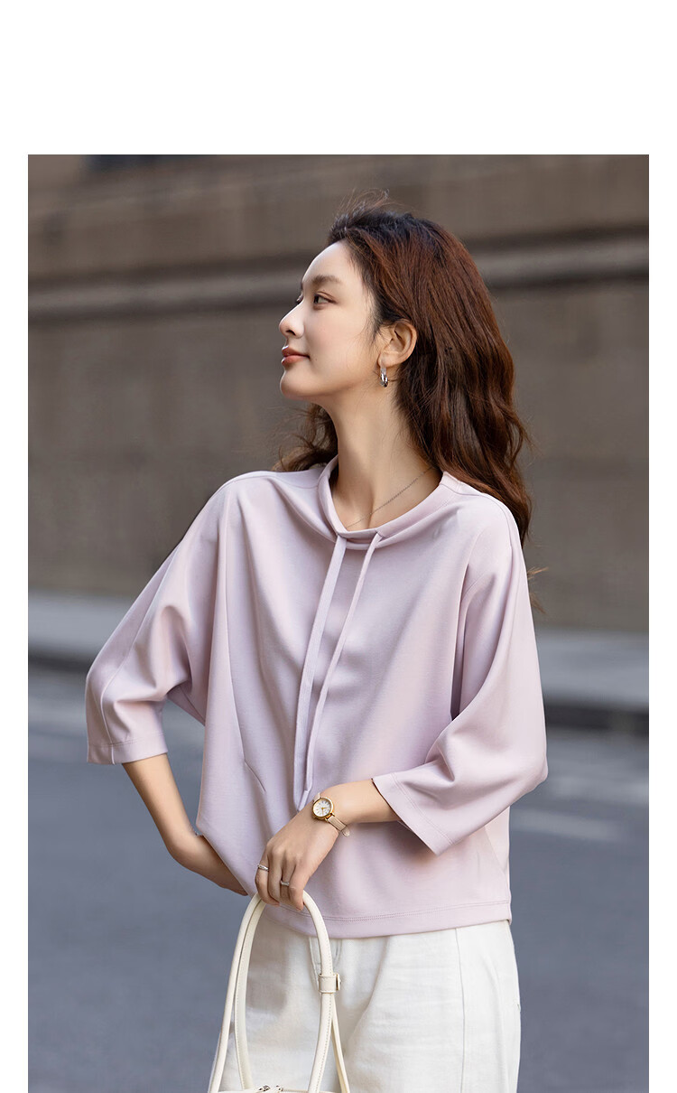 Demana Sandwashed Air Layer Spring Stand Collar Raglan Mid-Sleeve Loose Fit Petite Women's Sweatshirt 13
