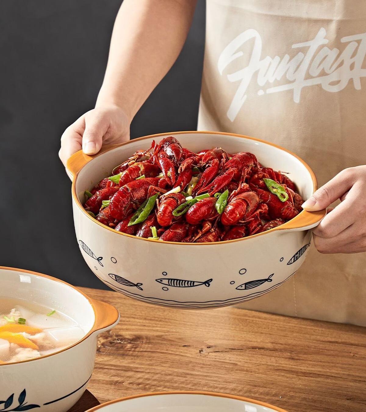 Chuanqi 7-Inch Double-Handle Lidded Ceramic Soup Bowl Large Capacity Household Soup Bowl Morning Glory Design 17