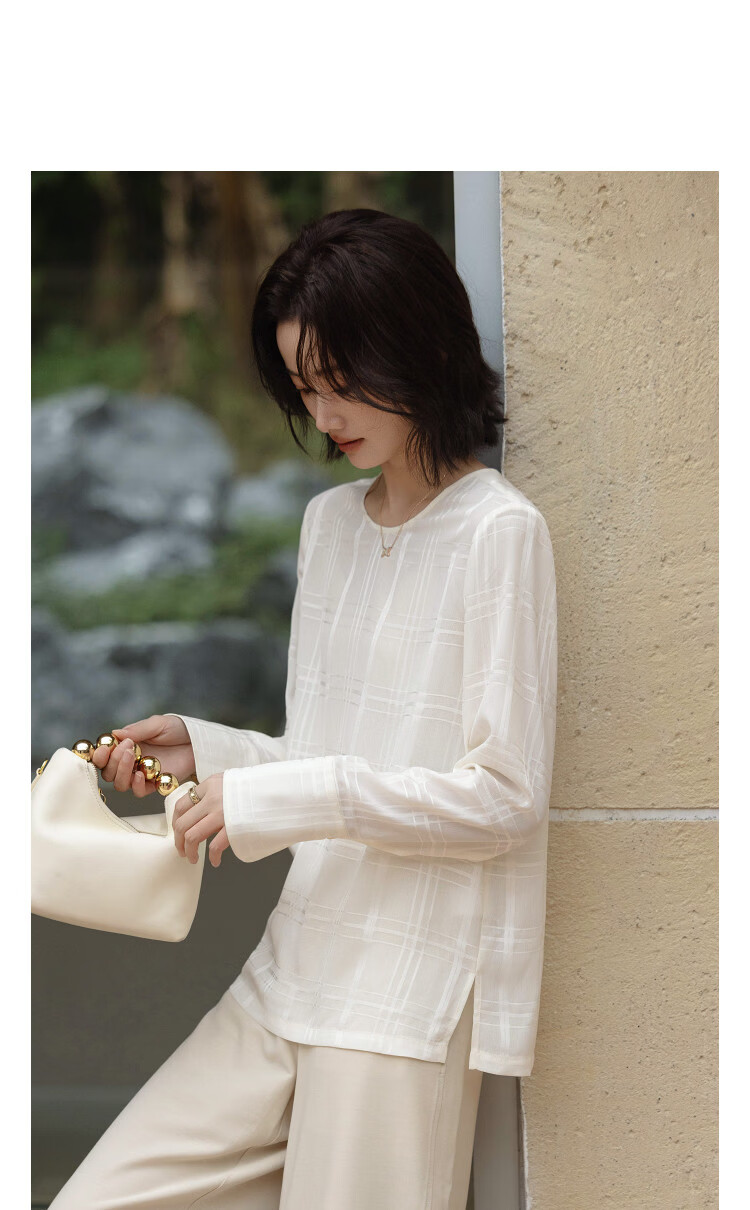 Demana [Cool Narrative] Spring Urban Elegant Round Neck Plaid Shirt Loose Fit Petite Women's Blouse 11