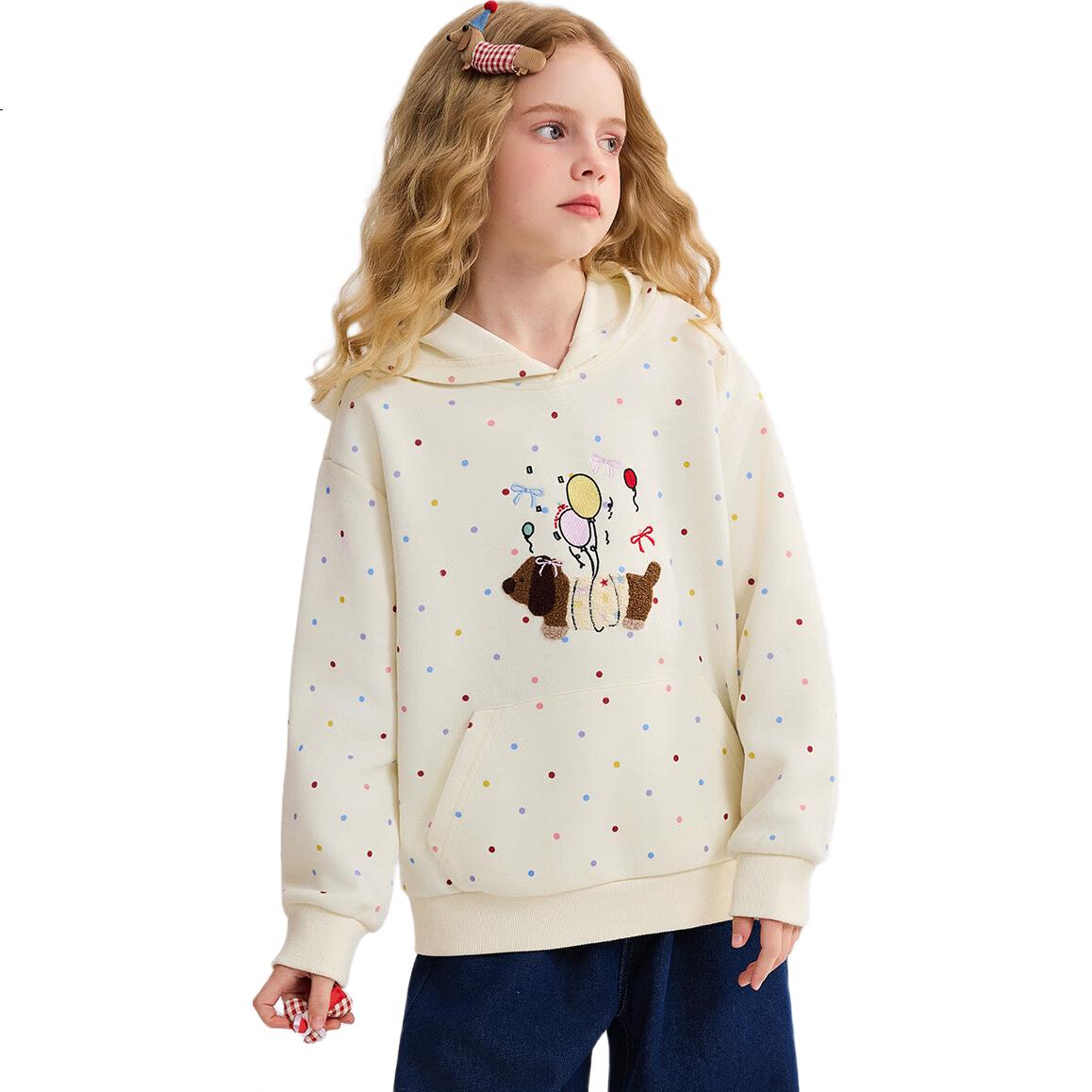 ASK JUNIOR Children's Sweatshirt, 2026 Autumn Collection, Hooded Long-Sleeve Sweatshirt for Older Kids, Cute Polka Dot Dog Print Top for Girls