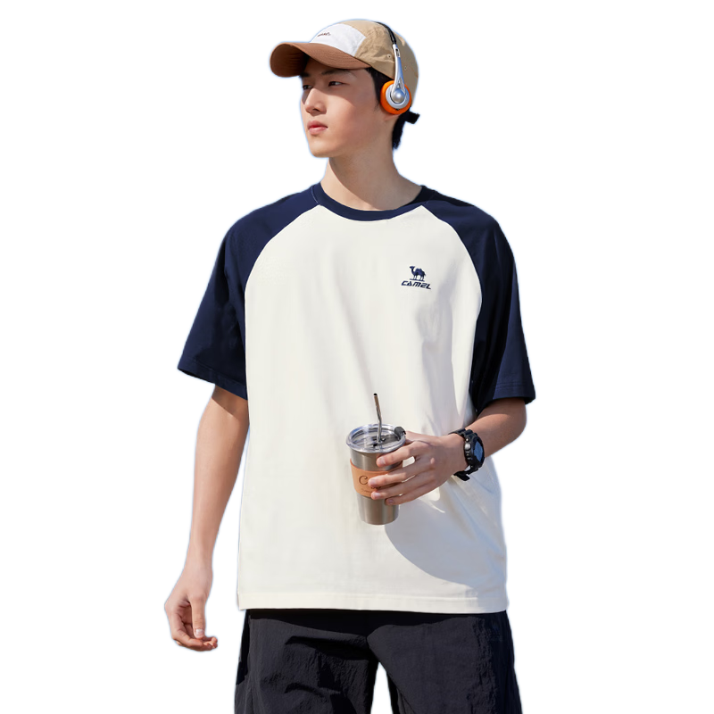 CAMEL Loose Casual Short Sleeve T-Shirt Unisex Couple Cotton Feel Top C36BAVLR084 Warm White/Blue XXXL