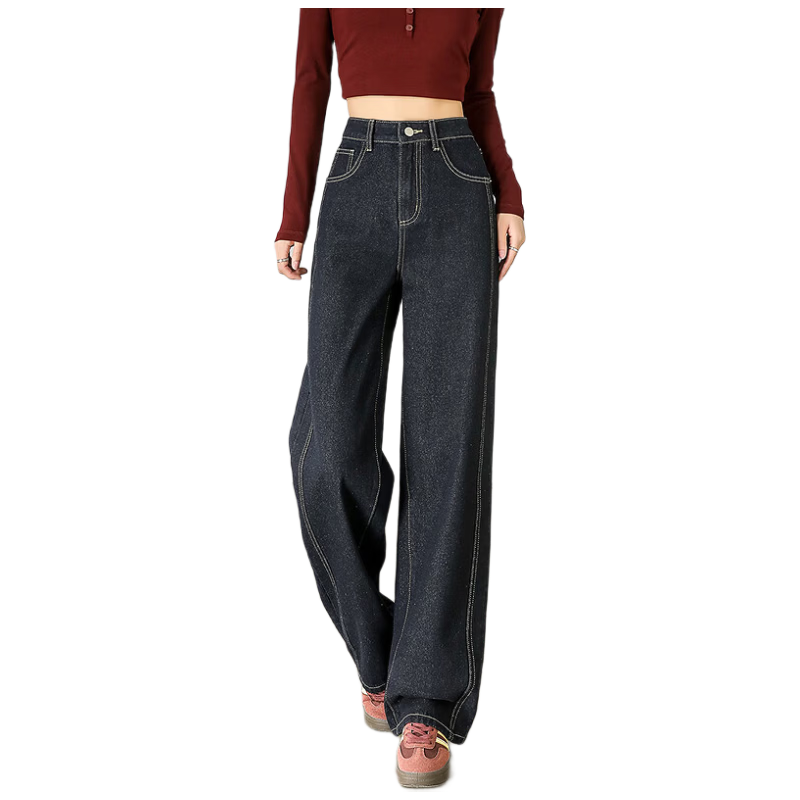 Tangshi 2025 Autumn Winter Women's Loose Split Line Straight Leg Denim Pants