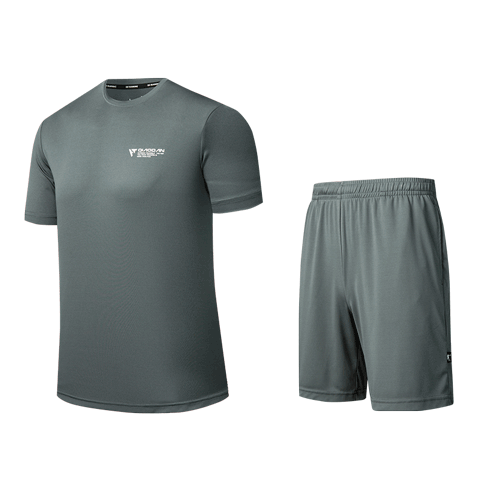 QIAODAN Running Sports Set for Men, Quick-Dry Short-Sleeve T-Shirt, Knee-Length Shorts, 2-Piece Sportswear Set