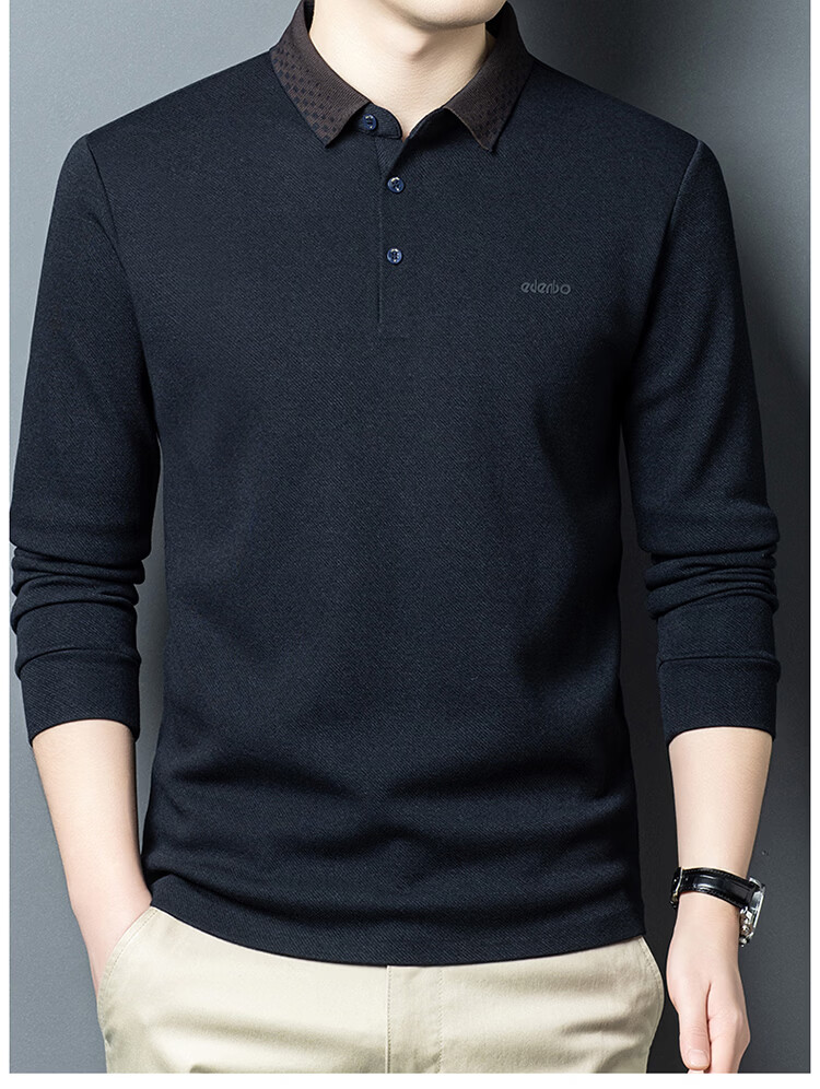 Edenbo Long Sleeve Fleece-Lined Polo Shirt Men Autumn Winter Warm Commuter Top Dark Blue 175/92A (XL) 15