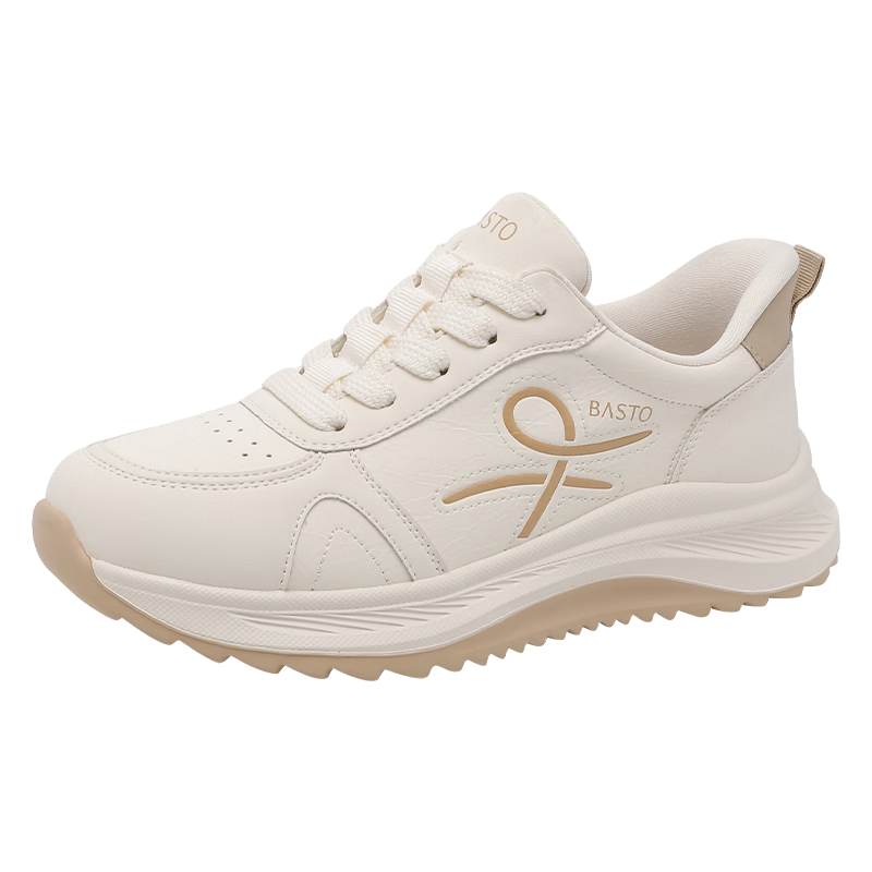 Basto Women's New Flash-On Sports Casual Shoes Wide Width Thick Sole Height Increasing Breathable White Sneakers S1187AM6 Beige Size 38