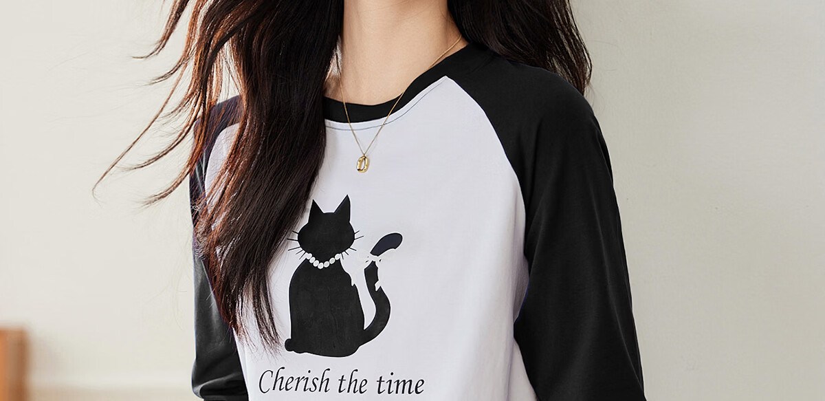 Pincai Women's Long Sleeve T-Shirt Cute Cat Print Colorblock Crew Neck Raglan Sleeve Trendy Top P143T2027 33