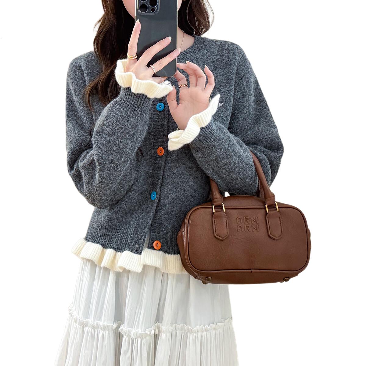 TonLion 2025 Autumn Winter Small Embroidery Color-Block Buttoned Women's Crew Neck Cardigan