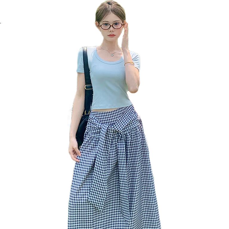TUCANO Korean-Style Blue Regular Shoulder Short-Sleeve T-Shirt for Women, Summer New Slim-Fit Versatile Solid Color Half-Sleeve Top, Blue, S