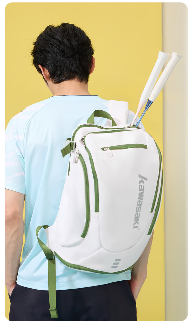 KAWASAKI Badminton Bag Feitian Qiming Large Capacity Lightweight Waterproof Durable Sports Backpack D8279 White Green 17
